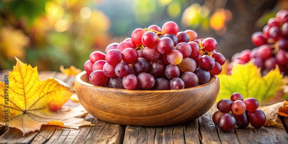 A cluster of fresh red grapes arranged artfully in a rustic wooden bowl, surrounded by soft natural light and autumnal foliage , fruit arrangement, seasonal A cluster of fresh red grapes arranged artfully in a rustic wooden bowl, surrounded by soft natural light and autumnal foliage , fruit arrangement, seasonal