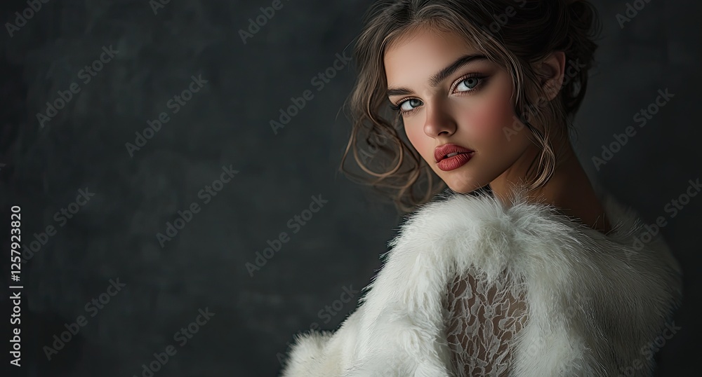 Beautiful woman in a white dress and fur coat posing against a grey background Beautiful woman in a white dress and fur coat posing against a grey background