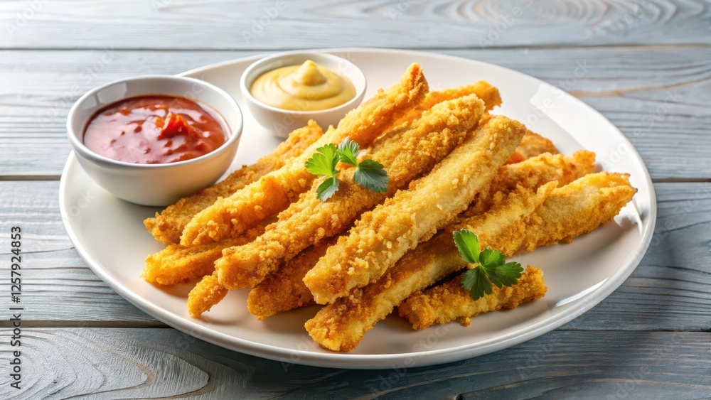 Crispy fish strips coated in a golden batter, sliced into uniform strips and arranged on a white plate, with a side of tangy dipping sauce , golden batter, food Crispy fish strips coated in a golden batter, sliced into uniform strips and arranged on a white plate, with a side of tangy dipping sauce , golden batter, food
