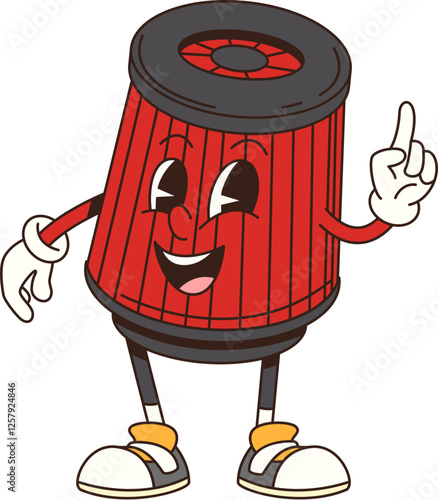 Cartoon retro groovy car air filter character with funny face, vector car spare part. Groovy retro cartoon auto engine air filter with funky smile and finger gesture for car repair service comic emoji