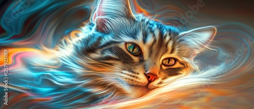 Abstract Glowing Cat with Colorful Noise Texture Highlights in Dreamy Background