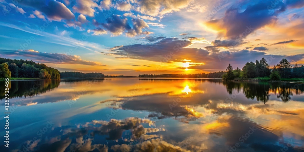 Fototapeta premium Softly glowing sunset over a serene lake, serene scene, reflection, serene scene, reflection, natural