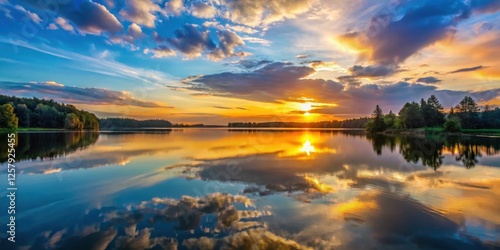 Softly glowing sunset over a serene lake, serene scene, reflection,  serene scene, reflection, natural