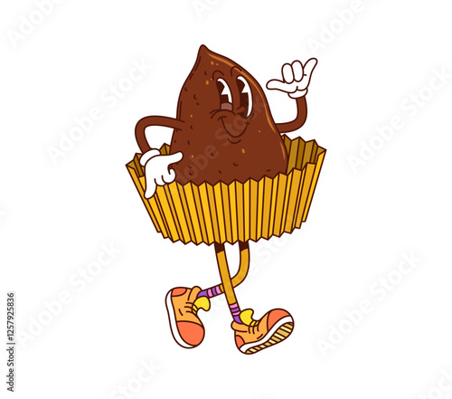 Funny groovy hippie truffle dessert, sweet and candy character wears sneakers. Isolated cartoon vector chocolate treat retro personage in a wrapper, walking with smile and making shaka hand gesture