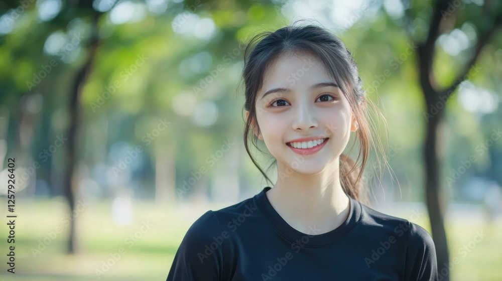 beautiful young woman smiling outdoors in park beautiful young woman smiling outdoors in park