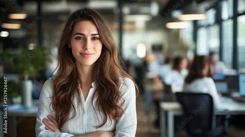 In a vibrant office filled with colleagues, a young white woman stands with arms crossed, exuding confidence and focus. The atmosphere buzzes with productivity and collaboration In a vibrant office filled with colleagues, a young white woman stands with arms crossed, exuding confidence and focus. The atmosphere buzzes with productivity and collaboration