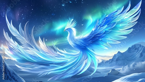Arctic Ice Phoenix, a bird-like creature that lives in the frozen tundra, Its feathers should be made of crystalline ice
