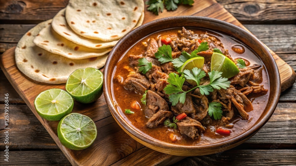 Warm beef birria stew served on a rustic wooden table surrounded by stack of soft flour tortillas and garnished with fresh cilantro leaves and lime wedges, tortilla stack, comfort food Warm beef birria stew served on a rustic wooden table surrounded by stack of soft flour tortillas and garnished with fresh cilantro leaves and lime wedges, tortilla stack, comfort food