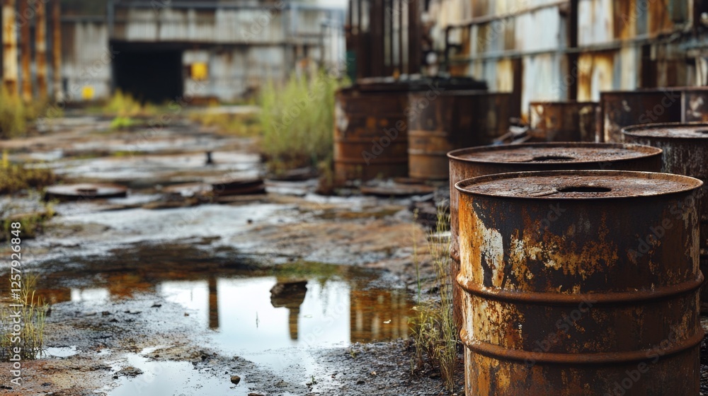 Abandoned Industrial Site with Rusty Barrels and Pools of Water Abandoned Industrial Site with Rusty Barrels and Pools of Water