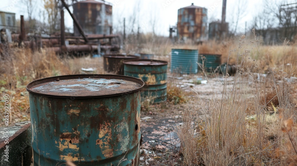 Rusty Barrels in Abandoned Industrial Site Rusty Barrels in Abandoned Industrial Site