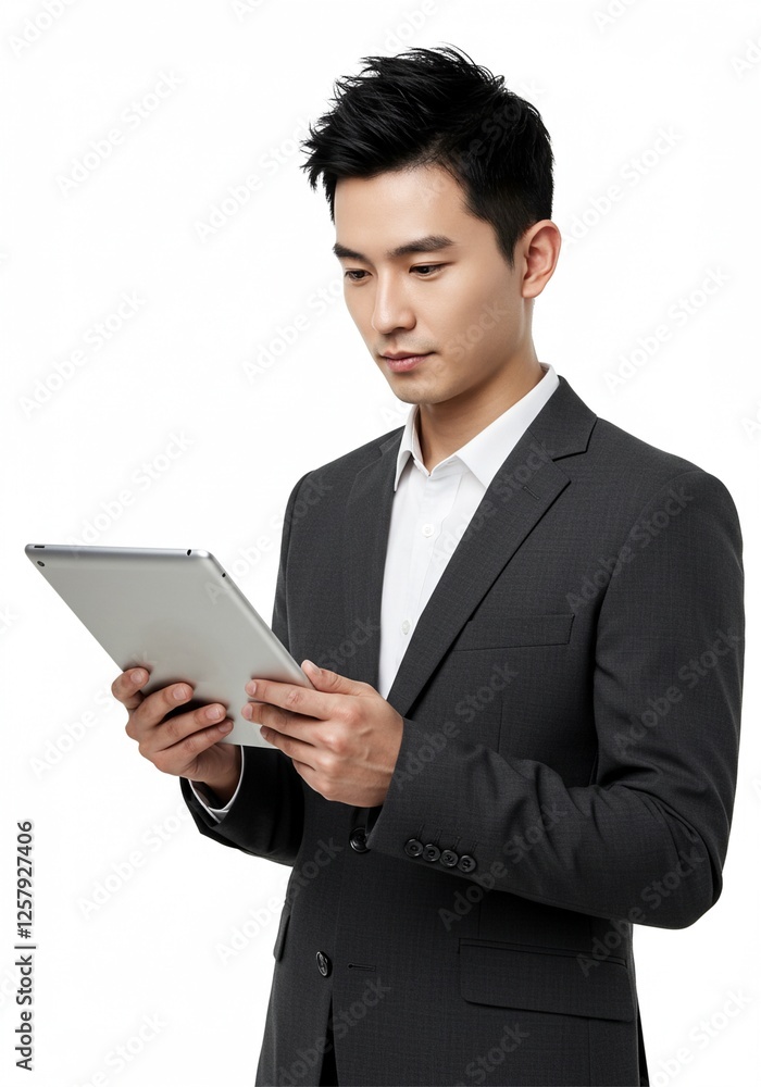 Photo of asian man business manager good and positive mood holding digital e-book tablet reading company report formal wear shirt blazer luxury suit white color background Photo of asian man business manager good and positive mood holding digital e-book tablet reading company report formal wear shirt blazer luxury suit white color background