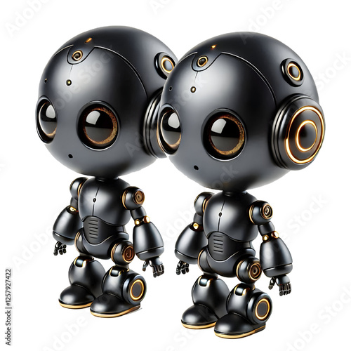 Cute 3D Black Robot AI with Golden Eyes and Side View isolated on white background