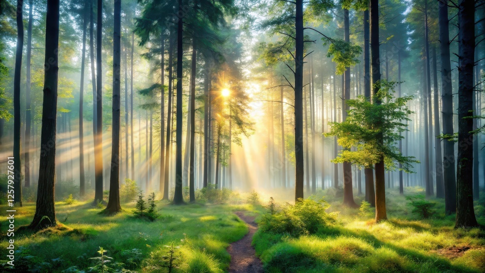 Obraz premium Forest misty morning serene scene