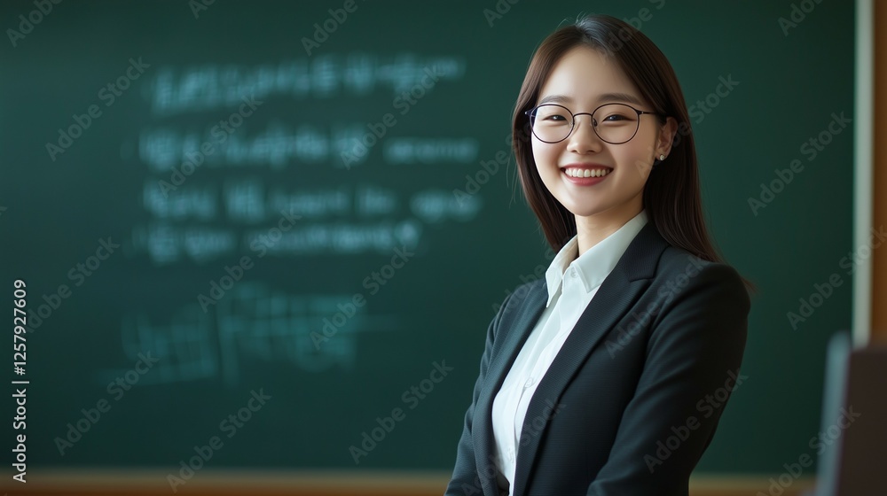 A Young female teacher with glasses stands at the front of the classroom, wearing a suit and white shirt, smiling with her hands on the desk A Young female teacher with glasses stands at the front of the classroom, wearing a suit and white shirt, smiling with her hands on the desk