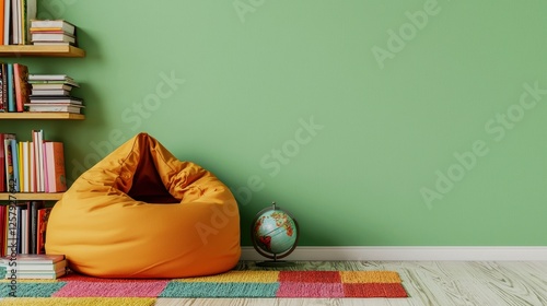 Cozy reading nook with yellow bean bag, globe and bookshelf on colorful rug