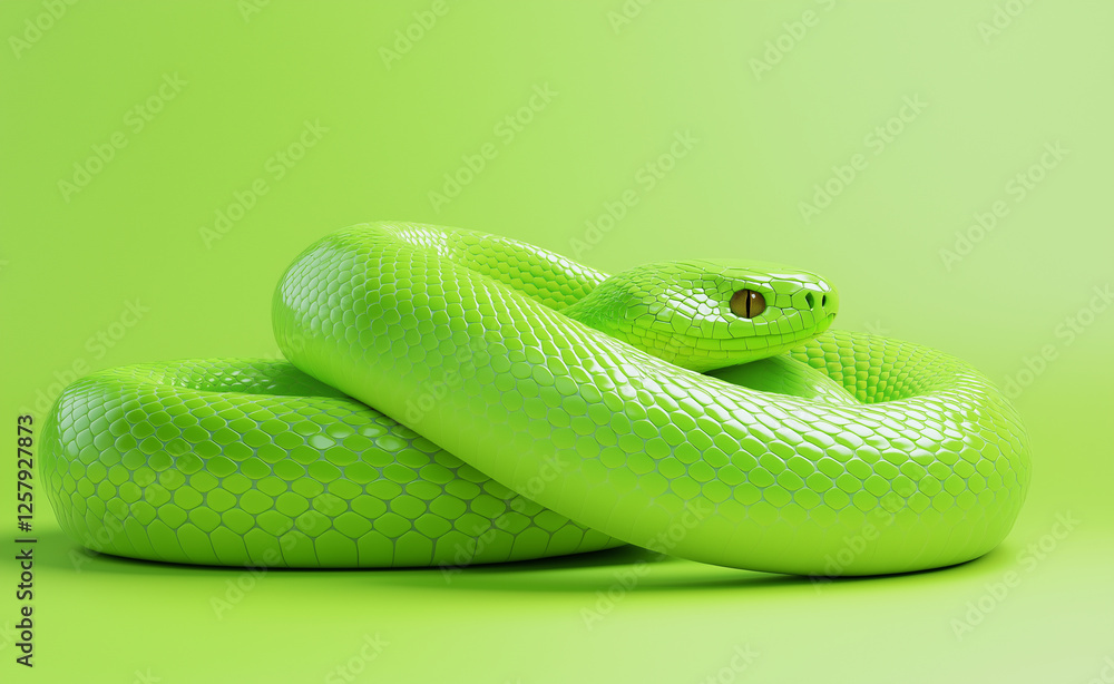 Obraz premium A mesmerizing lime-green snake coiled elegantly against a matching green background, its scales shimmering with a smooth texture.