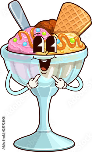 Ice cream sundae groovy character. Playful cartoon vector glass cup with frozen yummy scoops, toffee topping and sprinkles. Isolated vector retro funky summer dessert personage showing on its mouth