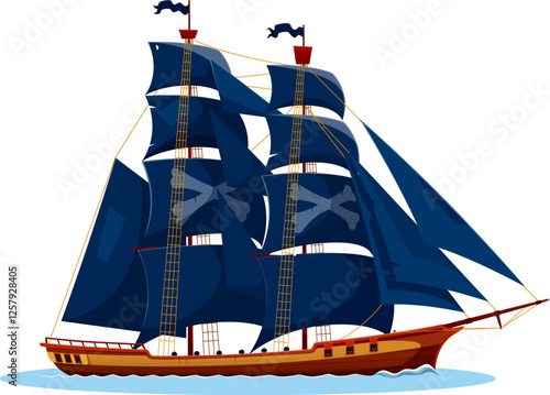 Corsair pirate historical galleon sail ship. Filibuster historical caravel vessel. Pirate ancient galleon ship isolated vector or buccaneer old brigantine sailboat with bones on black sails