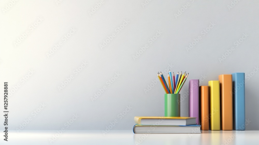 Fototapeta premium Colorful books and pencils on desk, bright room, education concept