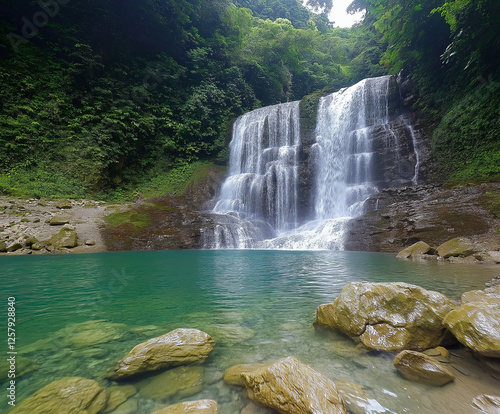 Waterfall captured in slow motion silky flow photo