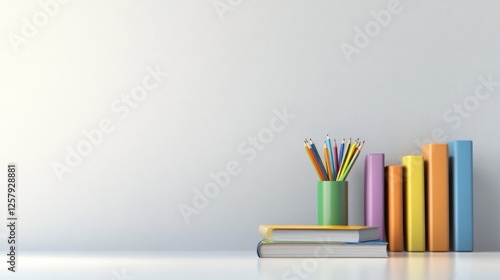 Colorful books and pencils on desk, bright room, education concept