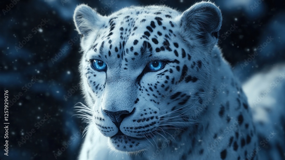 Fototapeta premium Snow Leopard, Winter Forest, Blue Eyes, Snowfall, Wildlife Portrait