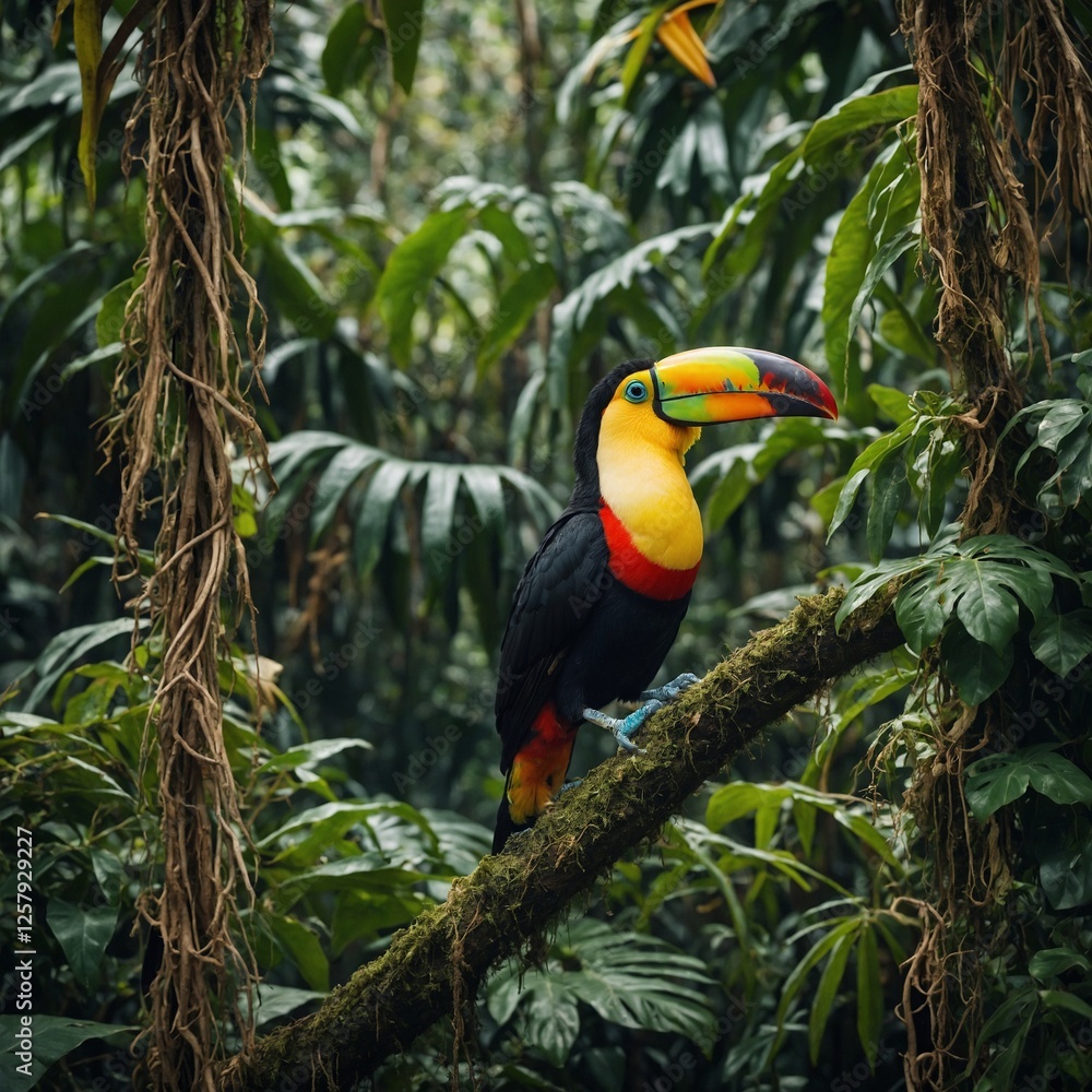 A colorful toucan perched on a vine in a dense jungle. A colorful toucan perched on a vine in a dense jungle.
