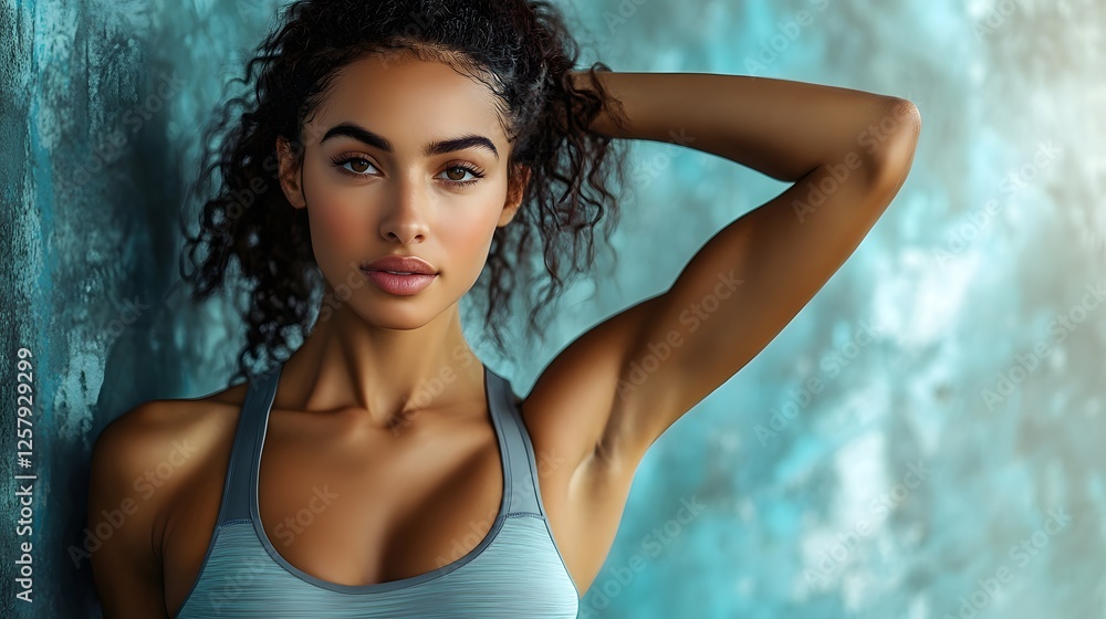 Athletic woman poses with confident expression and toned physique against textured aqua background. Athletic woman poses with confident expression and toned physique against textured aqua background.