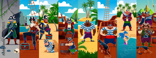 Cartoon pirate and corsair characters collage with vector captain, sailor and mermaid on ship and treasure island. Cute men and women characters with pirate costumes, hats, swords, hooks and wood leg