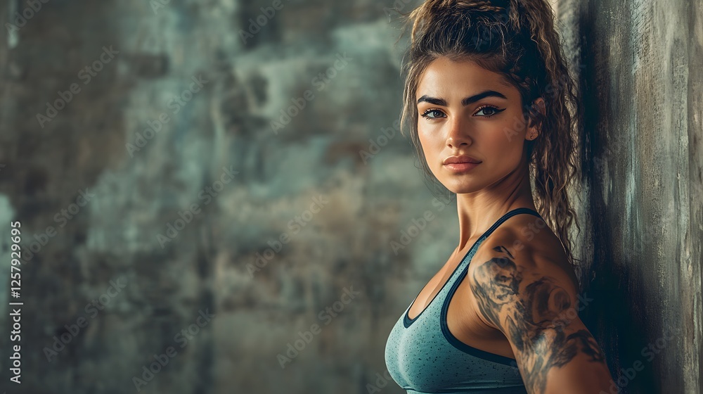 Fototapeta premium Athletic woman with detailed tattoo, posing against textured backdrop, exuding confidence and strength