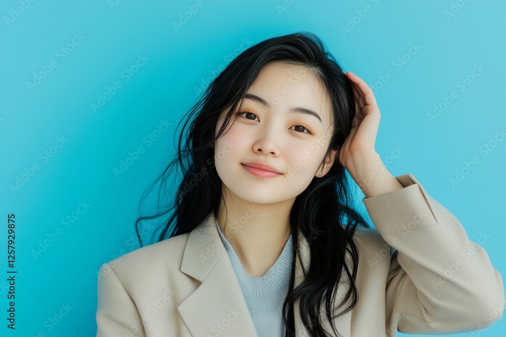 Photo of a young chinesse woman in her late 20s wearing business casual , smiling and looking at the camera