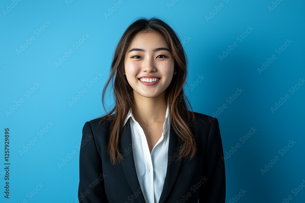 Photo of a young chinesse woman in her late 20s wearing business casual , smiling and looking at the camera Photo of a young chinesse woman in her late 20s wearing business casual , smiling and looking at the camera