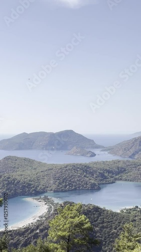 Top view of the sea and the sandy beach among the mountains, Oludeniz, Turkey. Lycian Trail 
