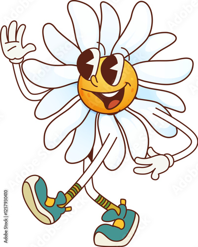 Groovy daisy chamomile character in retro cartoon, vector hippie flower. Groovy daisy chamomile or psychedelic flower with funny face and crazy smile with hi or Hello gesture as freaky hipster emoji