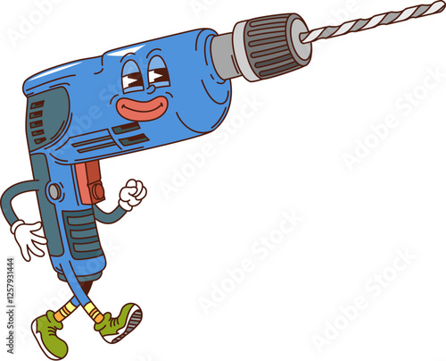 Groovy electric drill, repair or DIY work tool character with funny face, cartoon vector. Groovy electric drill character with funky smile n hipster shoes for building, DIY and construction tool