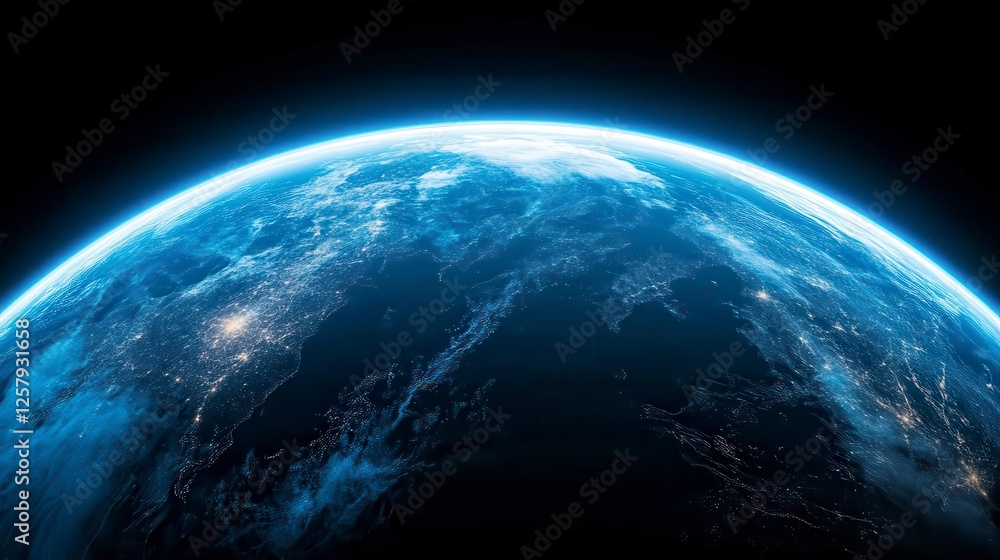 Obraz premium Detailed night view of planet earth, showing global city lights as tiny points of light across the dark surface, a glowing light around the edge of