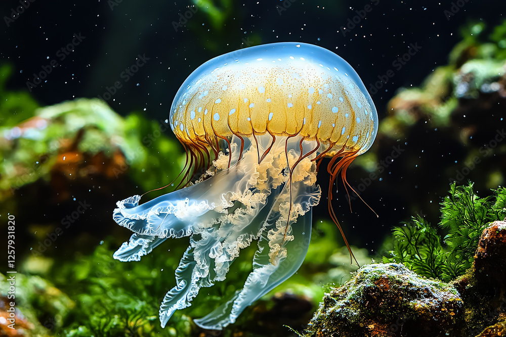 Group of jellyfish are swimming in the ocean. The jellyfish are white and orange Group of jellyfish are swimming in the ocean. The jellyfish are white and orange
