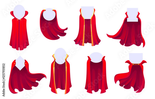 Red superhero capes, cartoon super hero cloak with empty banners or badges. Vector crimson defender drapery billow behind with geometric frame shapes, embodying power or mystery, courage and adventure