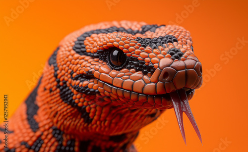 A striking red and black lizard with textured scales and a flicking tongue against a bold orange background, radiating intensity. photo