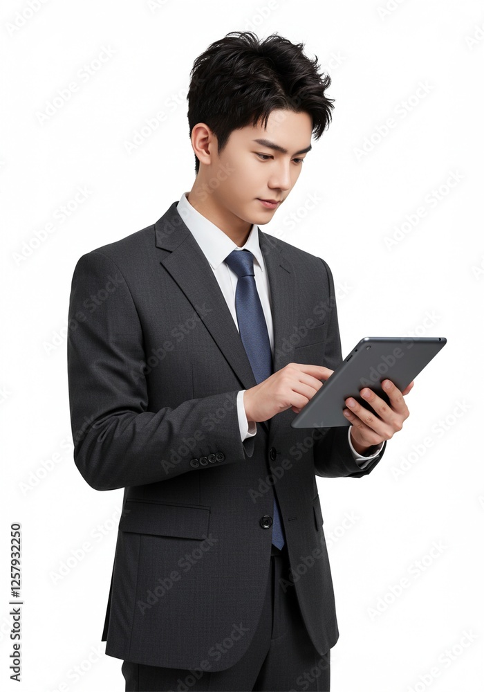 Photo of asian man business manager good and positive mood holding digital e-book tablet reading company report formal wear shirt blazer luxury suit white color background Photo of asian man business manager good and positive mood holding digital e-book tablet reading company report formal wear shirt blazer luxury suit white color background