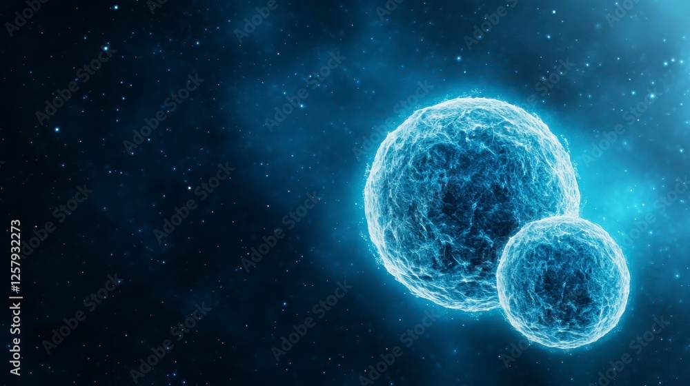 Two luminous, interconnected spheres, composed of glowing light blue geometric shapes, against a deep space background filled with faint stars and Two luminous, interconnected spheres, composed of glowing light blue geometric shapes, against a deep space background filled with faint stars and