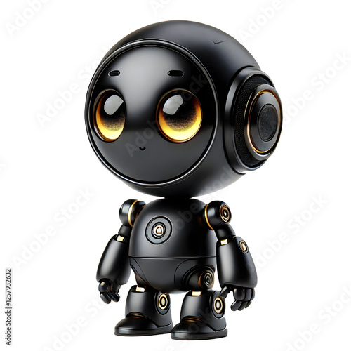 Cute 3D Black Robot AI with Golden Eyes and Side View isolated on white background