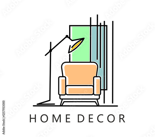 Home interior design studio icon for apartments decor and furniture staging, vector emblem. Home interior icon in retro thin line art with chair, lamp and furniture for comfort living or house decor