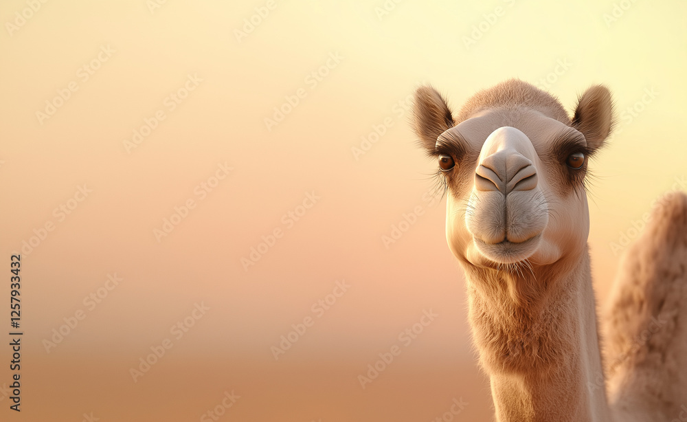 Obraz premium A friendly camel gazing into the camera with a soft desert-toned background, capturing warmth and personality.