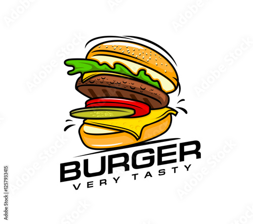 Burger emblem for fast food, grill or BBQ meat restaurant, vector icon. Cheeseburger or hamburger with cheese, lettuce and pickles in sesame bun for burger bar or fast food menu of yummy tasty food