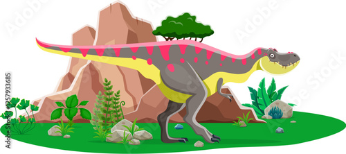 Cartoon tarbosaurus dinosaur character. Extinct animal funny personage, prehistoric reptile or Jurassic era predator dinosaur isolated vector cute character. Paleontology lizard on nature scene