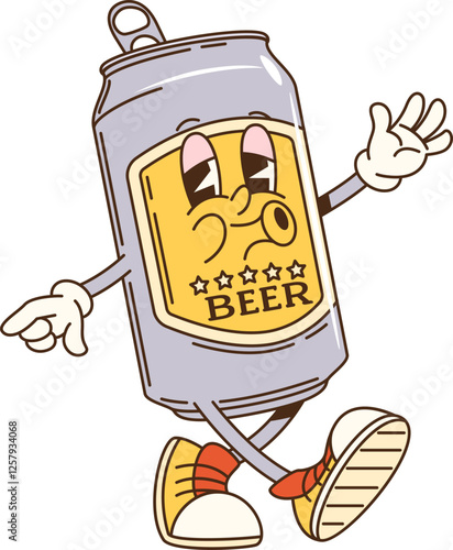 Cartoon groovy alcohol beer can character happily walking to party with playful hippie vibe. Isolated vector y2k tin can with beverage embodies fun and enjoyment, ready for celebration of funky events