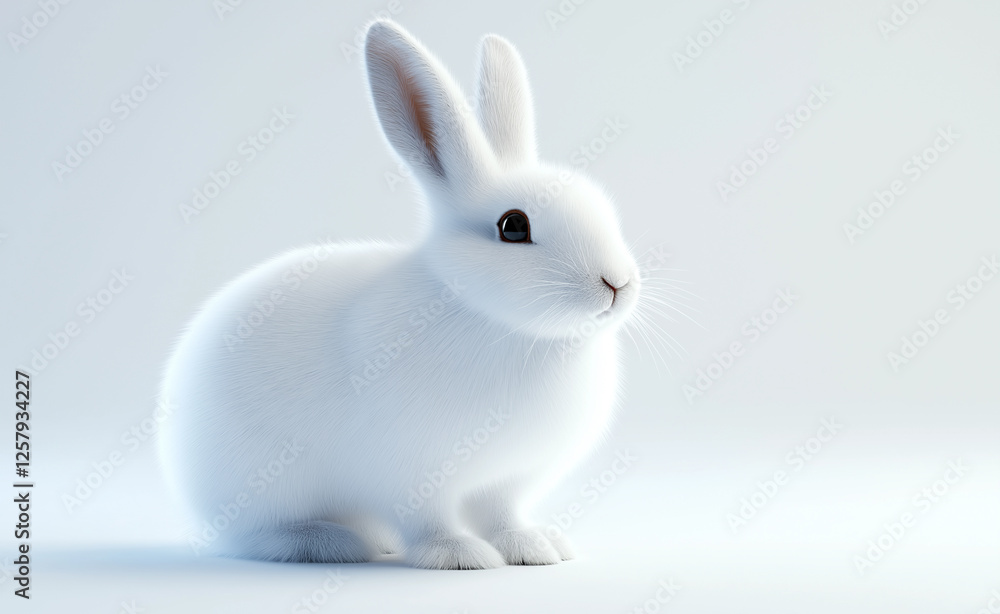 Obraz premium A fluffy white rabbit sitting on a soft, glowing surface, its fur illuminated against a pale background in a dreamy composition. 