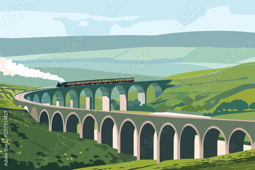 Vintage Steam Train on Ribblehead Viaduct – Yorkshire Dales Illustration
