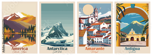 Set of 4 Vintage Travel Posters – Amarante, Aspen, Antarctica, Antigua Guatemala